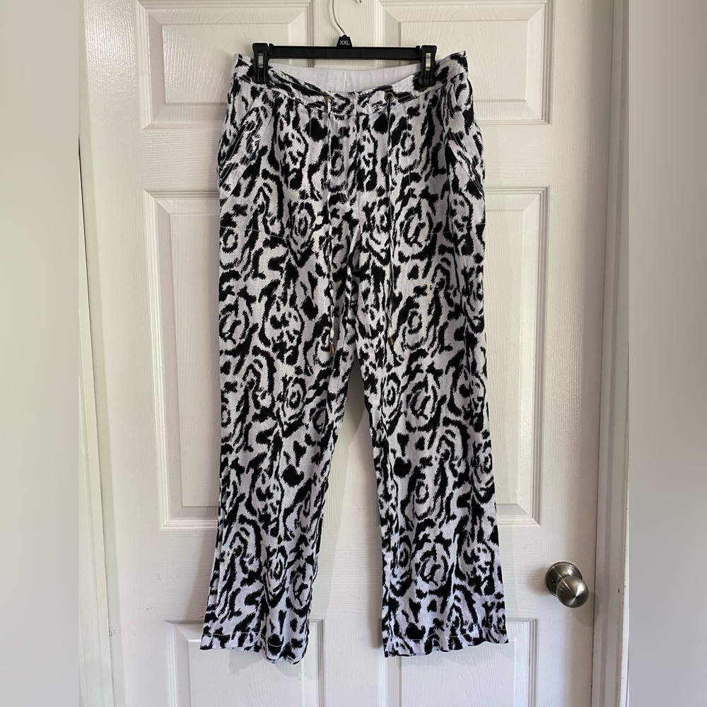 Madison 100% Linen Pants Size 12 Black and White Elastic Waist Drawstring Beach